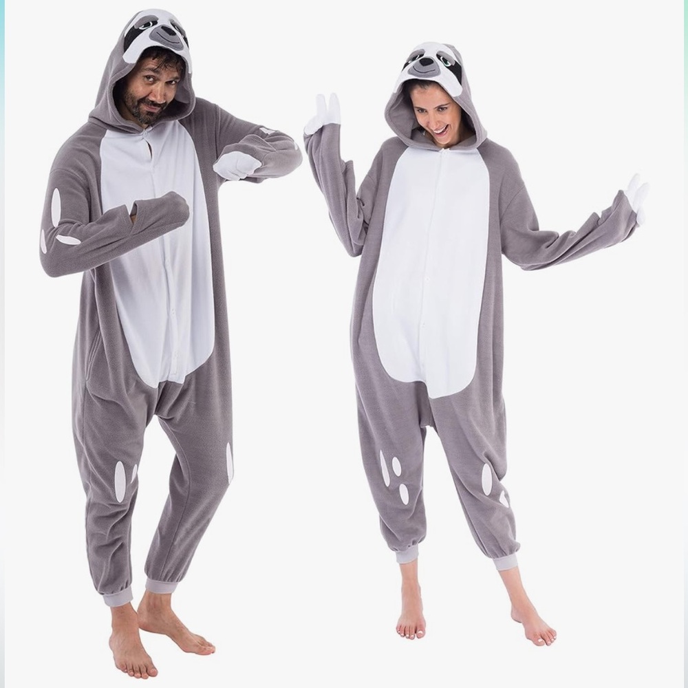 Adult Unisex Gray and White Sloth Onesie Costume